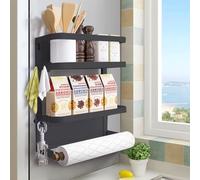 Fridge Spice Rack, Magnetic Shelf with Paper Towel Holder 2 Tier Kitchen Refrigerator Storage Rack (Black, Medium)