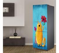 Fridge Sticker, Fridge Sticker Full Covering Door Covers Decor, Freezer Skins Wall Stickers for Kitchen Decal, Funny cat Holds The Flower(S: 60x150 cm)