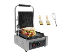 Fridgestea Commercial Sandwich Maker 1800W, Stainless Steel Single Head Panini Press Grill, Upper Grooved Plate & Lower Flat Plate, 50-300°C Temp Adjustable