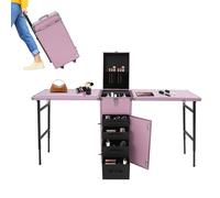 Fridgestea Portable Double-Sided Nail Table & Makeup Case - Professional Mobile Beauty Station with Adjustable Handle, 4 Locking Wheels, 100kg Load Capacity, Foldable Desktop for 4 People (Pink)