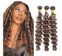 Fridnae Hair P4/613 Ombre Deep Wave Human Hair Bundles, Highlight Blonde, Two Tone Dark Brown Mixed, 14 Inch