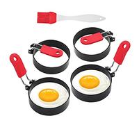Fried Egg Rings For Griddle,4 Pack of 3"Stainless Steel Egg Molds with Silicone handle(Oil Brush Included),Nonstick Egg Cooker Ring for Pancake, Picnic, Breakfast(Red)