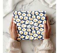 Fried Egg Wrapping Paper Sheet - Retro Breakfast Food Gift Wrap, Fun Novelty Pattern Paper for Birthday Him Her Kids - W223, Navy, 1 Meter Roll - 58cm x 100cm/ 22.8" x 39.3"