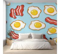 Fried Eggs Wallpaper for Living Room, Bacon Cartoon Food Wall Mural for Bedroom, Non-Woven Photo Wallpaper Home Decor 150X105cm, Wall Decoration D22