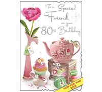 Friend 80th Birthday Card - Teapot, Cakes & Flower