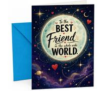Friend Birthday Card Moon and Stars Night Sky Best Friend | Large A5 Card with Printed Inside Message; Moonlit night-sky with planets, stars and hearts for Friend Birthday