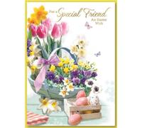 Friend Easter Card - Spring Flowers in Basket with Decorated Eggs and Gold Foil 7.5x5.25