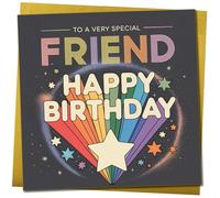 Friend Happy Birthday Card 145mm x 145mm - Rainbow Starburst and Stars - To a Very Special Friend - Square Greeting Card, Includes Gold Envelope