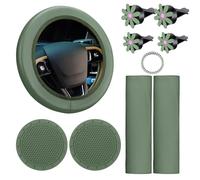 Frienda 10 Pcs Leather Steering Wheel Cover Set for Women 14.5-15 Inch Car Accessories with Seat Belt Shoulder Pad Seatbelt Cover Cup Holder Start Button Ring Sticker Air Vent Clip(Sage Green)