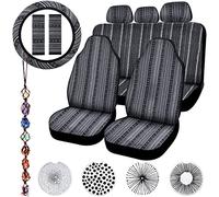 Frienda 14 Pcs Baja Car Seat Covers Full Set Multicolor Stripe Boho Print Steering Wheel Cover Seat Belt Cover Crystal Hanging Ornament Car Holders Fits (Vintage Style)