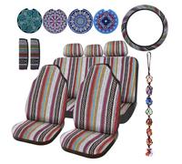Frienda 14 Pcs Baja Car Seat Covers Full Set Multicolor Stripe Boho Print Steering Wheel Cover Seat Belt Cover Crystal Hanging Ornament Car Holders Fits (Stripe Style)