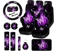 Frienda 15 Pcs Butterfly Car Seat Covers Full Set Butterfly Front Rear Seat Covers Steering Wheel Cover Wrist Strap Coasters Armrest Shoulder Pads (Purple Glitter Butterfly Style)