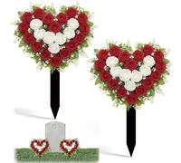 Frienda 2 Sets Artificial Cemetery Flowers with Ground Stake Heart Shaped Wreaths Rose Flowers Iron Decor for Grave Memorial, Tombstone Floristry Spike for Outdoors Yard Garden, 15.7x11.4 Inch