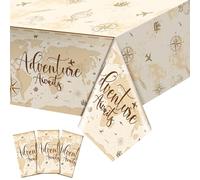 Frienda 3 Pcs Adventure Awaits Tablecloth Travel Party Decorations Bon Voyage World Map Table Cloth Plastic Disposable Table Cover for Baby Shower Birthday Party Supplies, 108 x 54 Inch (Khaki)
