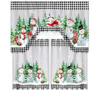 Frienda 3 Pcs Christmas Kitchen Curtains and Valance Set Snowman Christmas Tree Buffalo Plaid Xmas Curtains Swag for Bedroom Living Room, 60 x 36 Valance, 36 x 30 Tier