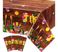 Frienda 3 Pcs Tiki Tablecloth Luau Table Cover Hawaiian Decor, Retro Style | Disposable for Luau Beach Party Decor, Tiki Totem Mask Print, Easy Cleanup Plastic Cover for Aloha Tropical Themed Events