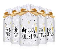 Frienda 30 Pack Treat Bags with Drawstring Merry Christmas Tree Print Plastic Candy Bags Drawstring Cookie Sack for Christmas Wedding Party Birthday Engagement Holiday Favor