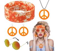 Frienda 4 Pcs Hippie Accessories 60s 70s Tie Dye Rainbow Leopard Outfits Peace Sign Earrings Headband Necklace Sunglasses(Orange,Magic Headscarf)