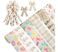 Frienda 6 Pcs Easter Wired Edge Ribbon 2.5 Inch Farmhouse Bunny Easter Egg Burlap Ribbons Spring Pastel Decorative Wired Edge Ribbon for DIY Gift Wrapping Wreath Bow Craft Party Decor, 36 Yards