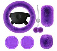 Frienda 6 Pieces Fluffy Car Accessories Set Bling Fluffy Steering Wheel Cover Soft Fuzz Handbrake Gear Shift Cover Bling Mirror Fuzz Car Pad Decoration(Purple)