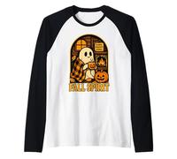Friendly Ghost with Pumpkin Mug Fall Spirit Raglan Baseball Tee