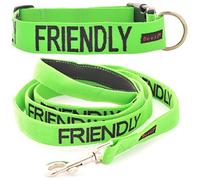 FRIENDLY (Known as Friendly to all) Green Colour Coded S-M L-XL Dog Collar and 60cm 1.2m 1.8m Luxury Neoprene Padded Handle Lead Sets PREVENTS Accidents By Warning Others Of Your Dog In Advance (L-XL & 1.8m)