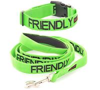 FRIENDLY (Known as Friendly to all) Green Colour Coded S-M L-XL Dog Collar and 60cm 1.2m 1.8m Luxury Neoprene Padded Handle Lead Sets PREVENTS Accidents By Warning Others Of Your Dog In Advance (S-M & 1.8m)