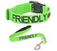 FRIENDLY (Known as Friendly to all) Green Colour Coded S-M L-XL Dog Collar and 60cm 1.2m 1.8m Luxury Neoprene Padded Handle Lead Sets PREVENTS Accidents By Warning Others Of Your Dog In Advance (S-M & 60cm)