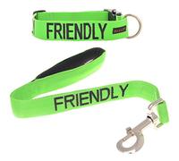 FRIENDLY (Known as Friendly to all) Green Colour Coded S-M L-XL Dog Collar and 60cm 1.2m 1.8m Luxury Neoprene Padded Handle Lead Sets PREVENTS Accidents By Warning Others Of Your Dog In Advance (L-XL & 60cm)