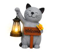 Friendly Solar Cat Garden Statue with Lantern, Resin Outdoor Welcome Sign Ornament Light Up Figurine for Porch, Patio, Flowerbed, Sturdy Weatherproof Decoration Solar Powered Gift for Home or Garden