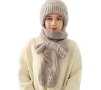 Friendlyk Winter Versatile Knitted Hooded Scarf for Women, Integrated Ear Protection Windproof Cap Scarf, Knitting Thick Warm Ear Guard Hat, Winter Hat Scarf Set for Women, Girls (Beige)