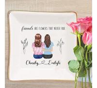 Friends Are Flowers That Never Fade Jewelry Dish Custom Birth Month Flower Jewelry Tray with Portraits Ring Holder Ceramic Flower Ring Holder Friendship Ring Dish Gifts for Women Friends Wedding