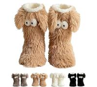 Friends Cozy Socks, Women's Winter Warm Fuzzy Non-Slip Slipper Socks with Cute Big Eyes, Winter Home Sock for Women (khaki)