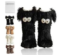 Friends Cozy Socks, Women's Winter Warm Fuzzy Non-slip Slipper Socks with Cute Big Eyes, Winter Home Socks with Plush Lined Indoor House Socks for Cold Weather (Black)