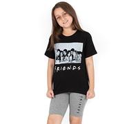 FRIENDS Pyjamas For Girls | Kids Portrait Black T Shirt With Charcoal Logo Cycle Shorts | TV Show Loungewear Merchandise 9-10 Years