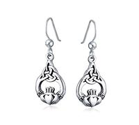 Friendship BFF Heart Circle Irish Love Symbol Celtic Claddagh Dangle Earrings For Women Girlfriend Oxidized .925 Sterling Silver Fish Hook