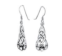 Friendship BFF Heart Circle Irish Love Symbol Celtic Claddagh Dangle Earrings For Women Girlfriend Oxidized .925 Sterling Silver Fish Hook