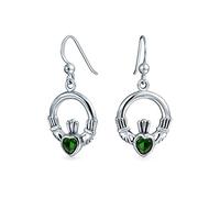 Friendship BFF Simulated Green Emerald CZ Heart Circle Irish Love Symbol Celtic Claddagh Dangle Earrings For Women Girlfriend Oxidized .925 Sterling Silver Fish Hook