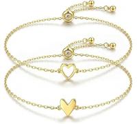 Friendship Bracelets for Women, 2Pcs Matching Heart Bracelet Set, 14K Gold Plated Dainty Link Chain Adjustable Jewelry Gifts for Best Friend Soulmate, Valentine's Day Gifts (14K Gold Plated)