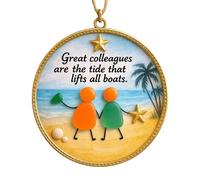 Friendship Decor Ornament 2D Acrylic Round Christmas Tree Decoration Pendant Friendship Gift with Beach Scene Starfish & Palm Tree Design Golden Edging & Hanging Loop (Round-08)