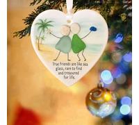 Friendship Gifts For Women, Heart-Shaped Angel Friendship Ornament, Ceremic Heart Sea Glass Ornament, Love Pendant, Christmas Tree Hanging Ornaments, 2D Sea Glass Print (F)