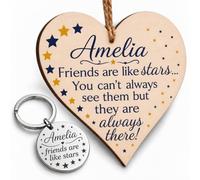 Friendship Heart Gift Plaque & Keyring - Wooden Hanging Sign | Personalised with their name above the stars quote, 30mm engraved stainless steel charm they carry daily, Best friend or BFF