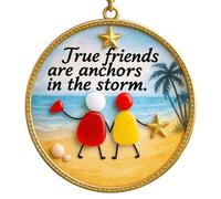 Friendship Ornament 2D Acrylic Round Christmas Tree Pendant Friendship Gift with Beach Scene & "True Friends are Anchors in the Storm" Text, Decorated with Starfish Palm Tree & Shells (Round-01)