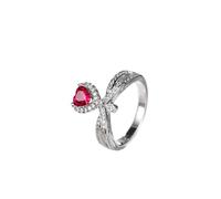Friendship Rings, Bridal Wedding Ring Crown Design with Heart Lab Ruby 0.7Ct and Round Moissanite 18K White Gold Size S 1/2