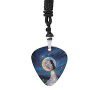 Friendship Under The Giant Moon Guitar Pick Necklace, Titanium Steel Guitar Pick with 23Inch Black Cord, Unique Music Jewelry Gift for Men Women