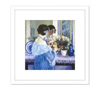 Frieseke Girl Blue Arranging Flowers Painting 8X8 Inch Square Wooden Framed Wall Art Print Picture with Mount Artery8 White One Size