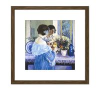 Frieseke Girl Blue Arranging Flowers Painting 8X8 Inch Square Wooden Framed Wall Art Print Picture with Mount Artery8 Brown One Size
