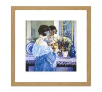 Frieseke Girl Blue Arranging Flowers Painting 8X8 Inch Square Wooden Framed Wall Art Print Picture with Mount Artery8 Light Oak One Size