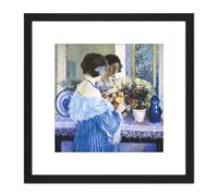 Frieseke Girl Blue Arranging Flowers Painting 8X8 Inch Square Wooden Framed Wall Art Print Picture with Mount Artery8 Black One Size