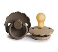 FRIGG Daisy Latex Pacifier Pack of 2 | Natural Rubber Soother Dummy | BPA-Free | Made in Denmark | Symmetrical Cherry Shaped Nipple (Croissant/Portobello, Size 1 (0-6 Months))
